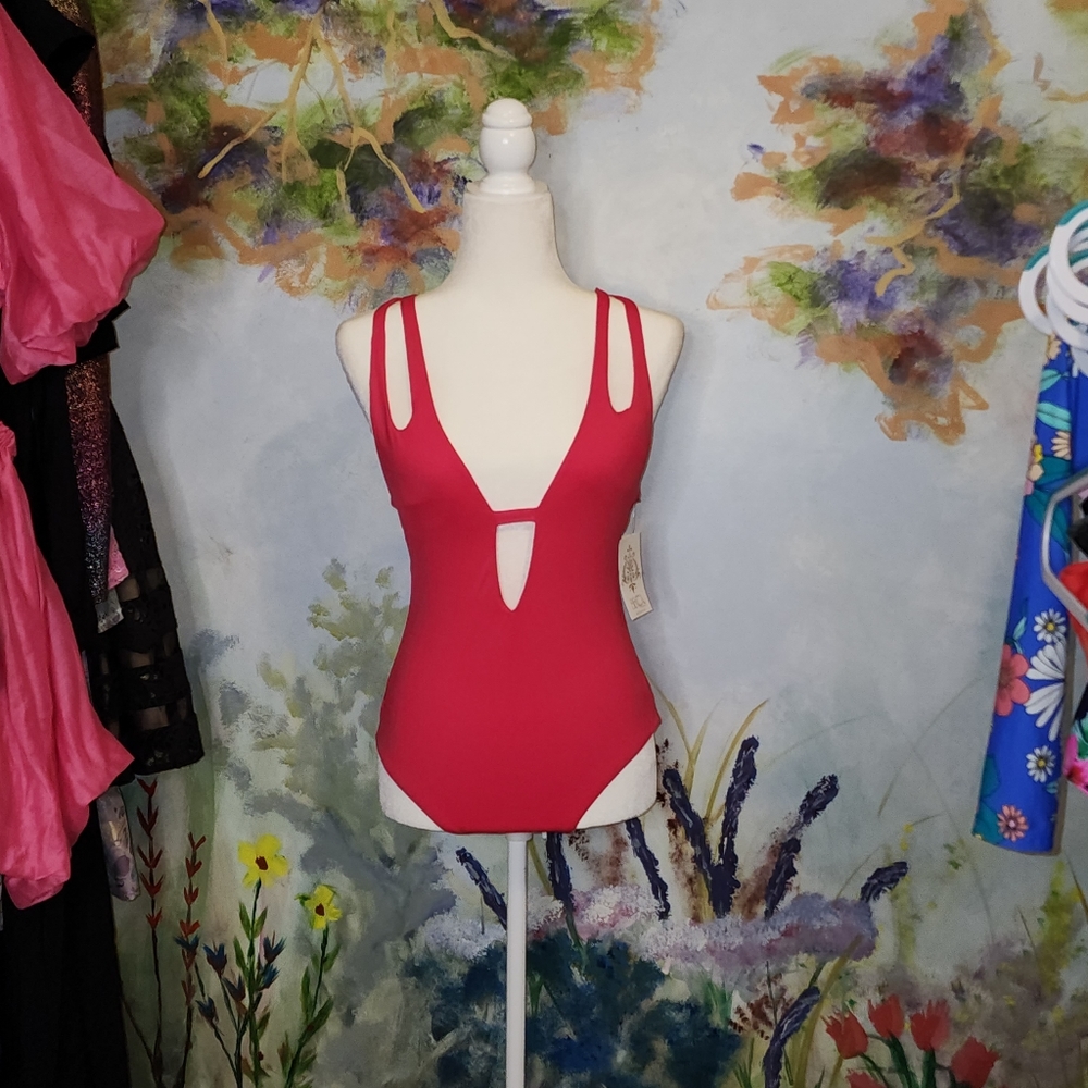 Becca Red Swim Plunging V One Piece